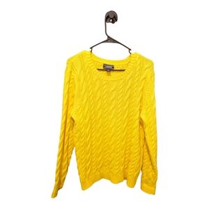 Lands’ End Yellow Cable Knit Sweater Large Fisherman Coastal Spring 100% Cotton